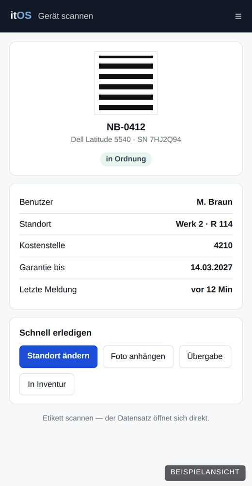 Die Mobilansicht von itOS auf dem Smartphone: ein Gerät nach dem Scan des QR-Etiketts.